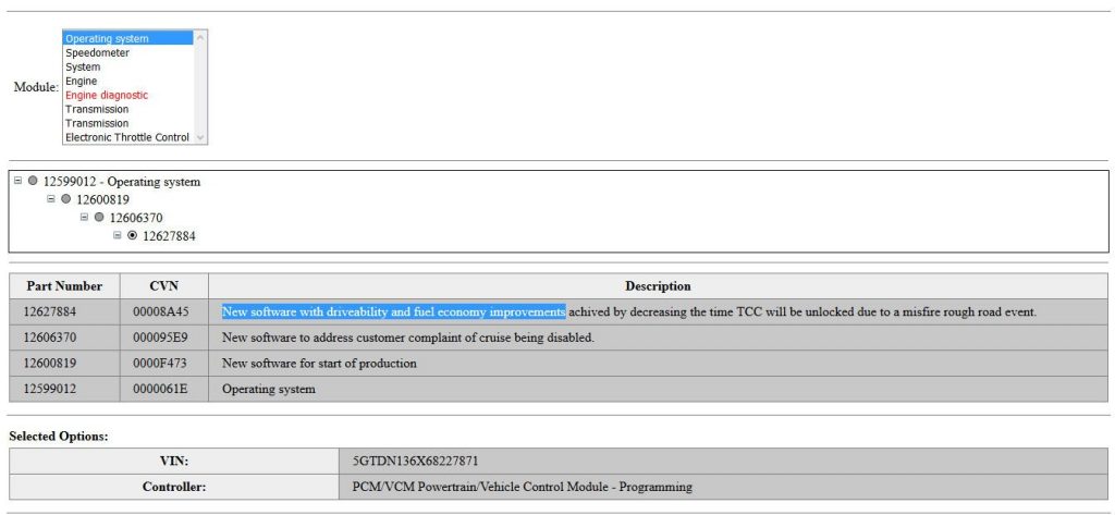 12627884 New software with driveability and fuel economy improvements achived by decreasing the time TCC will be unlocked due to a misfire rough road event.